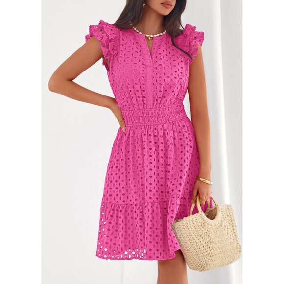 Women's Rose Red V Neck Eyelet Cap Sleeve Summer Beach Vacation Sundresseses - Picture 7 of 8